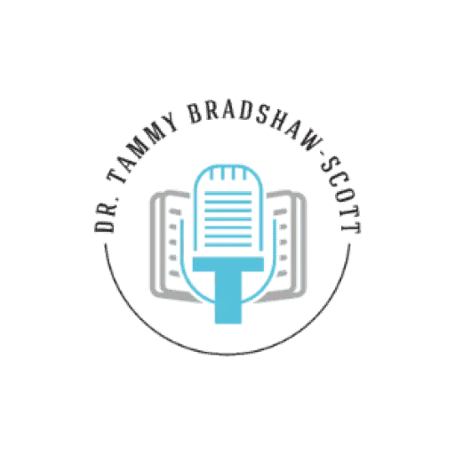 Dr. Tammy Bradshaw-Scott logo: a microphone over an open book